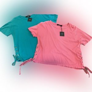 COIN1804 set of two side lace up knit s/s tees in berry and jade.